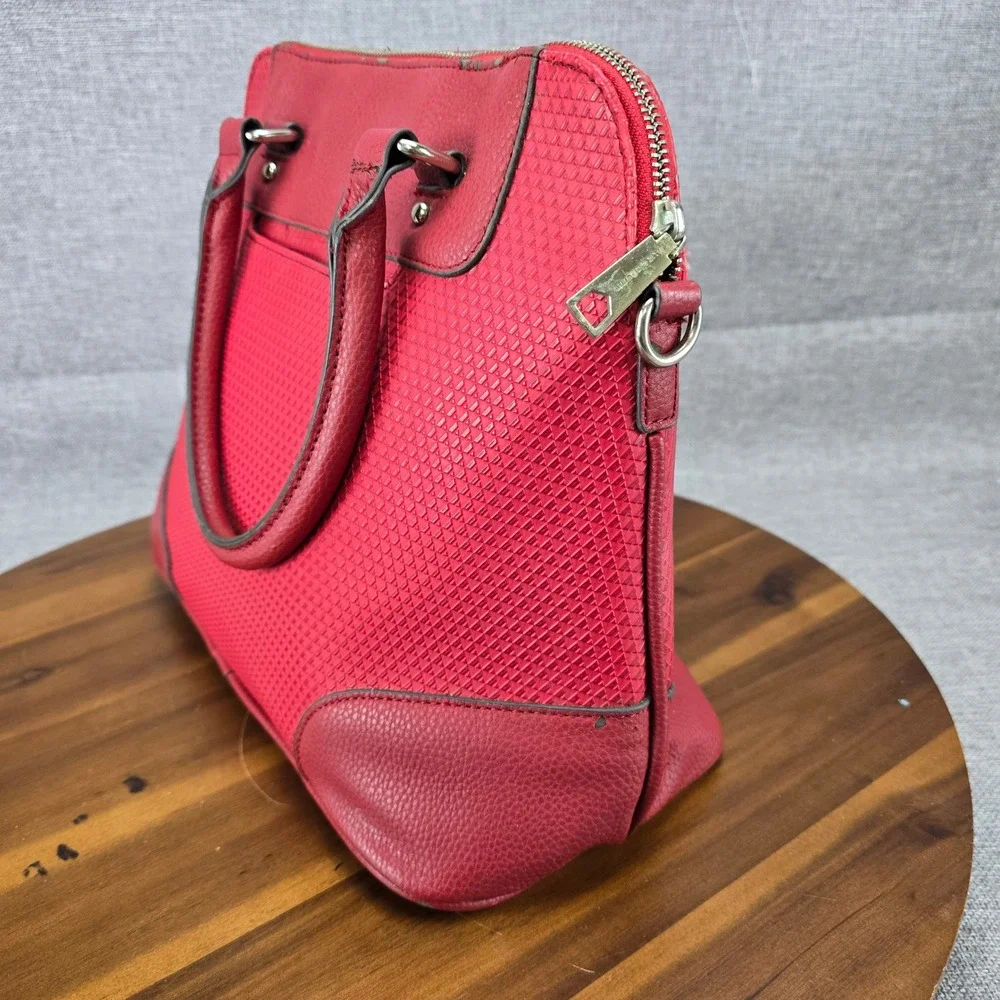 Liz Claiborne Red Satchel Handbag Geometric Embossed Faux Leather Top Handle Bag